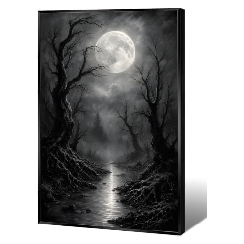 Black White Full Moon Creek Canvas Wall Print Twisted Bare Tree Gnarled Roots Misty Dark Forest Moody Gothic Landscape Wall Decor - color: Nature17, size: 8x12in Black Framed