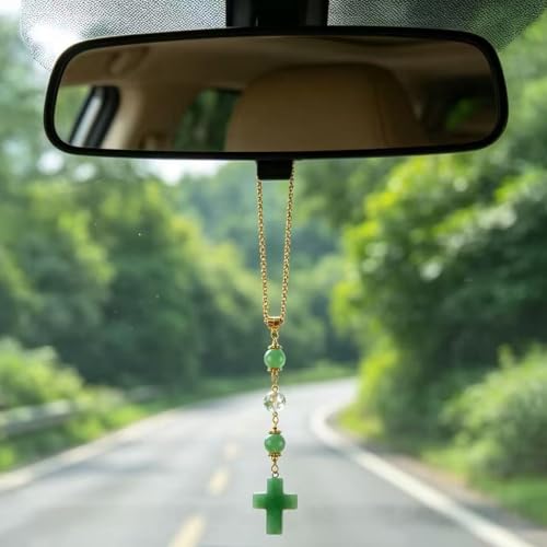 Cross Crystal Hanging Car Charm - Healing Stones Rear View Mirror Decor, Boho Handmade Sun Catcher Ornament with Tiger Eye & Sunflower Amethyst- Meaningful Gift for Women, Friends, Car Lovers - color: Green Aventurine