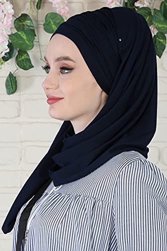 Aisha's Design Instant Hijab Scarves for Women, 95% Cotton Pretied Bonnet Turban Easy to Wear Cotton Headscarf - color: Navy Blue