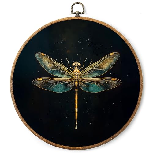 AYQJCBGC Vintage Dragonfly Round Framed Wall Art, Cottagecore Retro Canvas Wall Decor, Dark Academia Framed Prints Hanging Decor for Home Bedroom Living Room, 10x10 Inch. (010) - color: Green and Golden Dragonfly