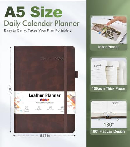 2026 Weekly & Monthly Planner, 12 Months Hardcover Planner from January 2026 - December 2026, Leather Agenda Organizer Book 2026 with Tabs, Daily Calendar Planners for Work School Home, A5 (5.75" x 8.38"), Brown - color: Brown