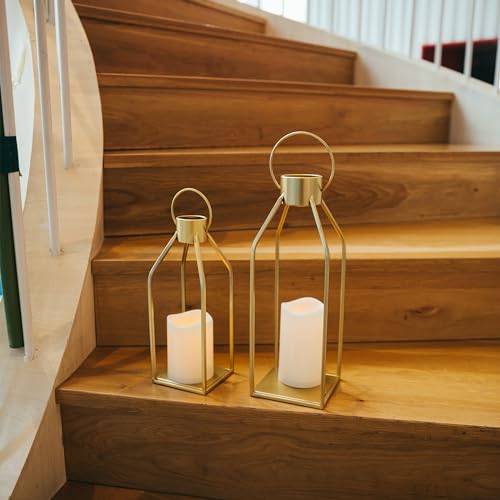 HPC Decor 모던 팜하우스 랜턴 장식 - 크리스마스용 골드 메탈 캔들 랜턴 - 랜턴 장식, 타이머 깜박임 양초 포함, 거실, 가정, 실내, 실외, 테이블, 벽난로 맨틀 장식 - size: 15inch and 12inch（Gold）