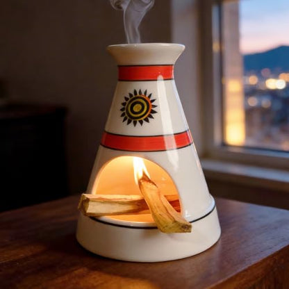 MOUGIGI Handcrafted Sun Totem Ceramic palo santo sticks holder with - Tent-Shape Mini chiminea for Sage, Incense Cones & Smudging Rituals -Thoughtful Gifts for Yoga, Meditation, Ash, Zen, Aromatherapy - color: Pulse Thread Palo