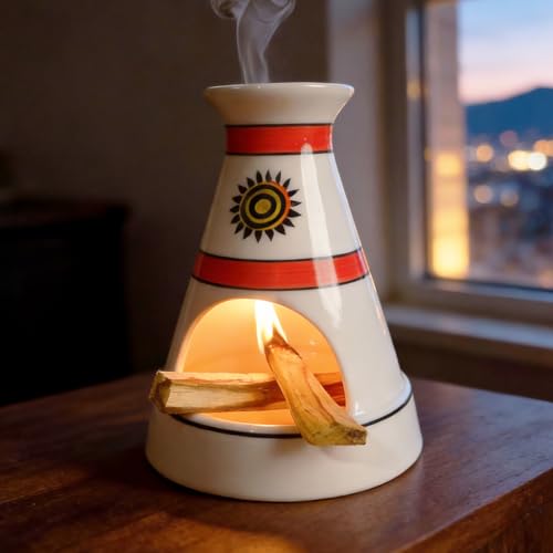 MOUGIGI Handcrafted Sun Totem Ceramic palo santo sticks holder with - Tent-Shape Mini chiminea for Sage, Incense Cones & Smudging Rituals -Thoughtful Gifts for Yoga, Meditation, Ash, Zen, Aromatherapy - color: Pulse Thread Palo