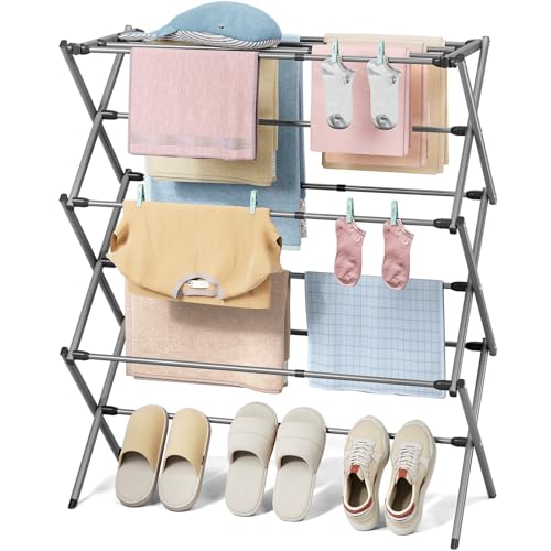 KINGBOARD Clothes Drying Rack, Collapsible Drying Rack Clothing with 11 Poles, 3-Tier Laundry Drying Rack, Small Clothes Drying Rack Foldable for Baby Clothes Sock Towel, 25lb Capacity, Grey - color: Gray