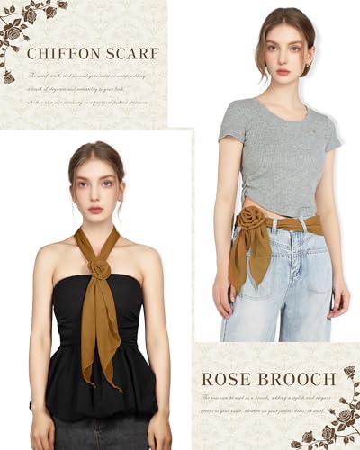 Chiffon Scarf for Women, Removable Flower Neck Scarf Light Soft Fashion Rose Scarves Versatile Headband or Hair Band - color: Brown