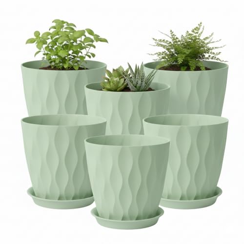 8 Inch Plastic Plant Pots for Plants with Drainage Holes and Saucer, 6 Pack | 3D Water Ripple Texture, for Indoor Outdoor Plants, Decoration Flower Pots for Garden Home - color: Green