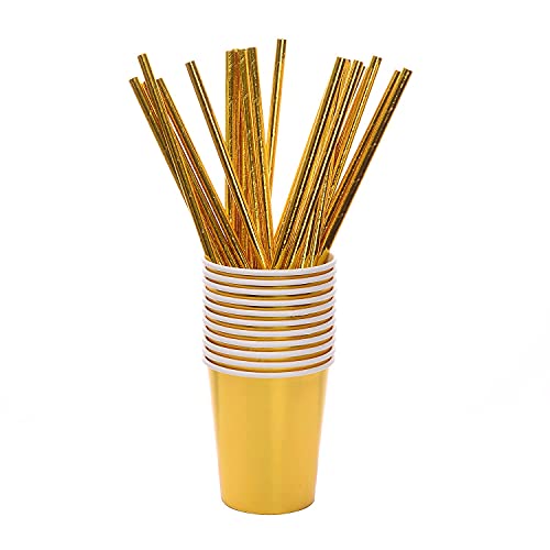 200pcs Solid Gold Party Supplies - Gold Paper Plates & Napkins, Silverware, Serves 25 Sets for Wedding, Bridal Shower, Engagement, Birthday Parties - color: Gold