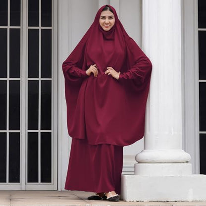 Abayas for Women Muslim Chiffon Prayer Burqa Dress Burkas for Women Muslim Hijab Dress Full Length Islamic Veil Abaya Set - color: Red