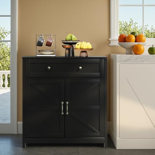 Semiocthome Farmhouse Sideboard Buffet Cabinet with Storage and Adjustable Shelf, Accent Table with Barn Door, Storage Cabinet for Kitchen, Dining Room, Bathroom, Entryway - Black - color: Black