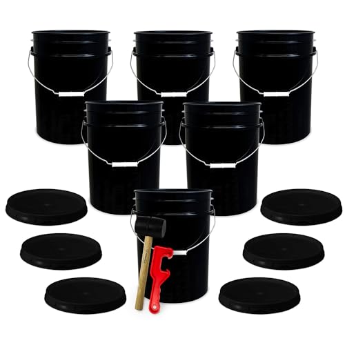 5 Gallon Bucket w/Lid, Food Grade BPA-Free, 6 Pack, Black | Airtight Lid, Mallet and Lid Opener Included, Heavy-Duty 90 Mil HDPE Plastic, Food-Safe Durable Container, Made in USA - color: Black, size: 6 Packs