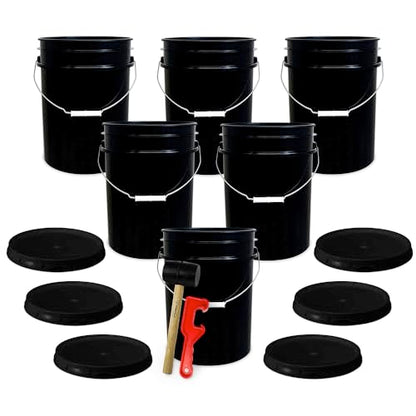5 Gallon Bucket w/Lid, Food Grade BPA-Free, 6 Pack, Black | Airtight Lid, Mallet and Lid Opener Included, Heavy-Duty 90 Mil HDPE Plastic, Food-Safe Durable Container, Made in USA - color: Black, size: 6 Packs