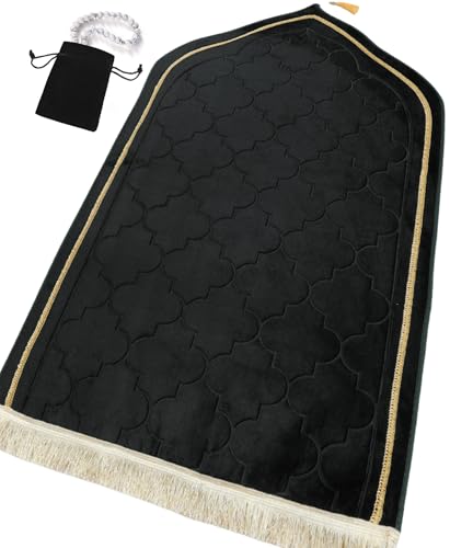 Islamika Prayer Mat Islamic Muslim Rug - Thick Padded mat Sajadah Men Women with Islam Prayer Beads for Eid Travel Ramadan, Soft and Padded (Black) - color: Black