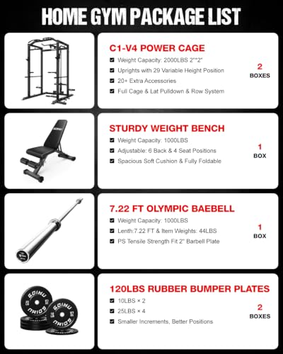 C1-V4 Power Cage, 2000LBS Squat Rack with LAT Pulldown, Multi-Function Weight Cage Strength Training Machine, Workout Cage with More Attachments for Home Gym Garage - style: 120LB Home Gym Package Bk
