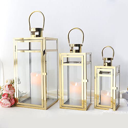 TRIROCKS Elegant Gold Stainless Steel Lantern Set- 3 Sizes (12", 15", 19") - Tempered Glass Panel Metal Lanterns for Versatile Indoor & Outdoor Decorating - Perfect for Celebrations - color: Gold