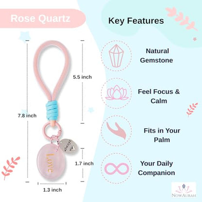 Crystal Keychain Set - Natural Healing Stones with Affirmation Cards- Worry Stone Anxiety Relief Gift - color: Rose Quartz