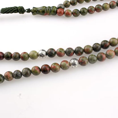 Muslims Islamic Dhikr 99 Tasbeeh Tasbih Prayer Beads, Flower Green Stone Beads with Tassel