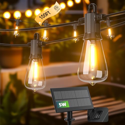 Kawaya Solar Powered String Lights for Outside: 100 FT LED Outdoor Patio Lights with USB-Charging - IP65 Waterproof Hanging Light - 50+2 Shatterproof Edison Bulbs for Bistro Cafe Camp Yard Balcony - size: 100FT New
