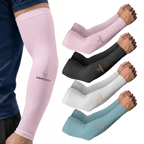 ARMORAY Arm Sleeves for Men and Women - UV Sun Protection Cooling Compression - Tattoo Cover Up Sleeve for Daily Wear & Work - color: Pink + Black + White + Blue (4 Pairs)