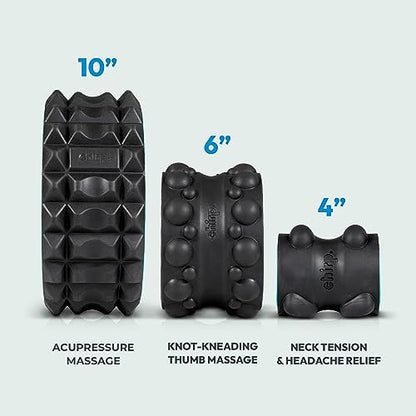 Chirp Wheel XR 3P Massage Roller Set - 10” Acupressure, 6” Knot-Kneading Thumb, 4” Neck & Headache Tension Relief, High Density Foam Massage Rollers for Back & Neck Pain, 500lbs Capacity, Black - size: 3-Pack (10, 6, 4 Inch) Black