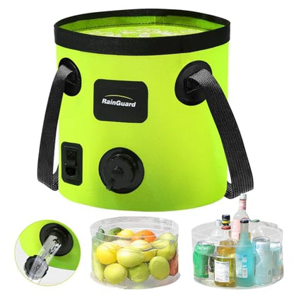 Collapsible Bucket with Handle, 5.3 Gallon Water Container, Green | Folding Water Bucket, Fast-flow, Portable, with 2 Clear Wash Basin, for Camping Fishing Travelling Outdoor Gardening