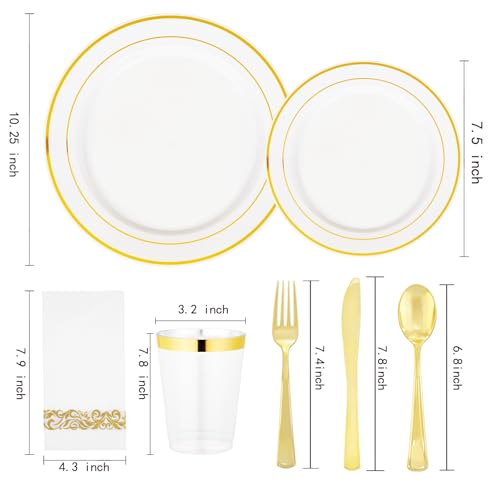 Supernal 400pcs Gold Plastic Plates for 50 Guests Heavy Duty Disposable Party Plates, 200 Gold Plastic Silverware, Linen Napkins, Clear Cups For Valentine's Day Mother's Day and Easter - color: 400pcs White and Gold Plastic Dinnerware
