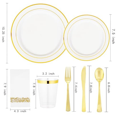 Supernal 400pcs Gold Plastic Plates for 50 Guests Heavy Duty Disposable Party Plates, 200 Gold Plastic Silverware, Linen Napkins, Clear Cups For Valentine's Day Mother's Day and Easter - color: 400pcs White and Gold Plastic Dinnerware