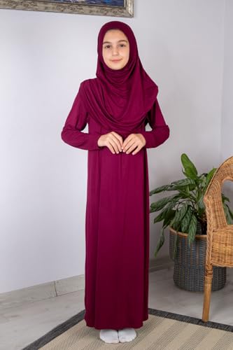 ihvan online Muslim Dress for Girls, Long Sleeve One-Piece Islamic Prayer Dress, Hijab for Kids, Girls Abaya, Islamic Gifts - color: Red