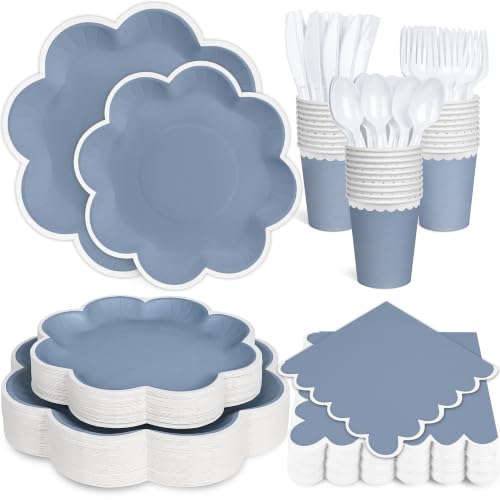 350 Pcs Dusty Blue and White Paper Plates and Napkins Set, Serve 50 Guest - color: Dusty Blue with White Edge