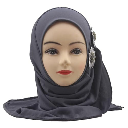 Soft Instant Hijab for Kids Girls Muslim Headscarf Islamic Scarf Shawl Wrap with Flowers - color: Gray-2 Flowers