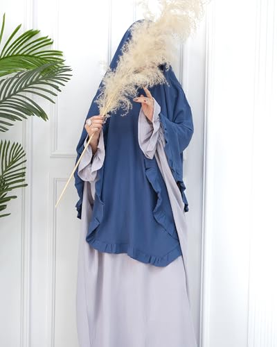 Muslim Prayer Hijab Solid Color Ruffled Head Scarf Women Islamic Head Cover Khimar - color: Foggy Blue