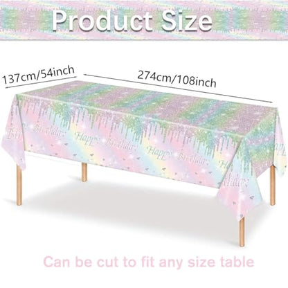 Kesfey Rainbow Birthday Tablecloths Pastel Silver Glitter Table Cover | 54×108 Inch,Silver Sprinkle Rainbow Tie Dye,Disposable, Waterproof, Rectangle Table Cover, Party Supplies Decoration - color: Rainbow Birthday
