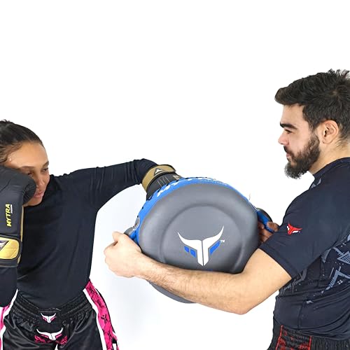 Mytra Fusion Boxing Round Pad Kickboxing Coach Training Punching Focus Mitts for Martial Arts, MMA & Muay Thai, Strike Boxing Focus Pads for Speed, Focus & Accuracy - color: Grey/Blue