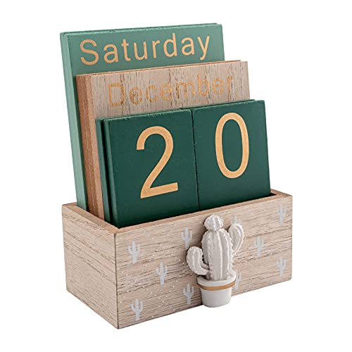 Notakia Perpetual Calendar, Wooden Calendar for Home Office Desk Accessories Vintage Wood Block Calendar(Green) - color: Green cactus