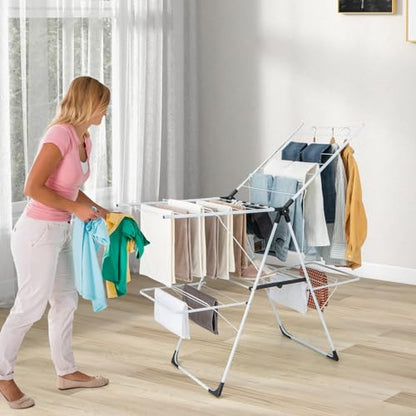 GOFLAME Clothes Drying Rack, 2-Tier Folding Laundry Drying Rack with Height-Adjustable Wings, 33 Drying Rails, Middle Sock Clips, Side Wave-shaped Bars, Freestanding Laundry Hanger, No Assembly Needed - size: 57" x 23" x 37.5"
