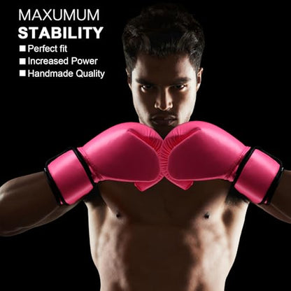Junkin 6 Pcs Boxing Set 1 Pair of 16oz Gloves and 4 Pcs 118 in Hand Wraps for Adult Boxing Training Shockproof Gloves Training Beginner Practice Muay Thai Kickboxing Gift - color: Hot Pink