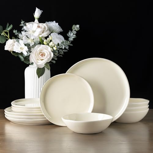AmorArc Ceramic Dinnerware Sets for 4, 12Pcs Plates and Bowls Sets Dishes - color: Ice Cream, size: Service for 4(12Pcs)