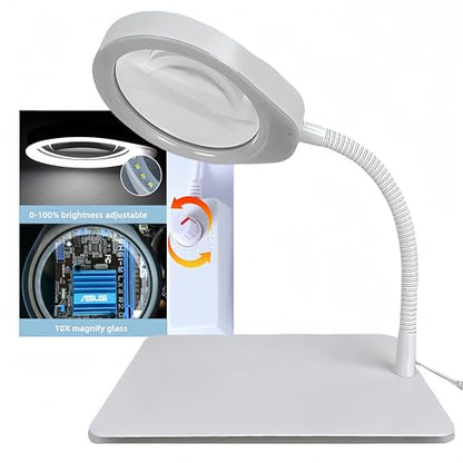 10X Magnifying Glass with Light and Stand,Dimmable Flexible Magnifying Craft Ligh, LED Lighted Magnifier Hands Free for Close Work Craft Reading Painting Hobby(White-04) - style: White-04