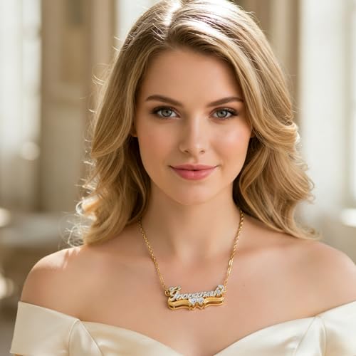 Custom Name Necklace Double Plated Name Necklace Personalized Name Plate Necklaces Name Necklaces for Women 18k Gold Plated Nameplate Pendant - color: Style 5