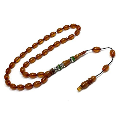EXCLUSIVE COLLECTION -Handmade Silver Engraved Bakelite Tesbih, Tasbih, Islamic Rosary, Islamic Prayer Beads, Misbaha (7x10 mm 33 Honey Color Rice Beads) - color: 7x10 mm 33 Honey Color Rice Beads