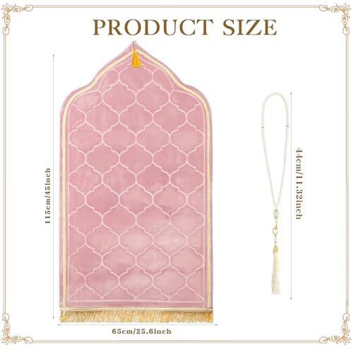 Muslim Prayer Rug with Tasbih Prayer Beads, Extra Thick Padded Non-Slip Islamic Prayer Matt,Turkish Praying Carpet Ottoman Blankets Ramadan Gift for Ramadan, Eid, Hajj, Travel, Pray（Pink） - color: Pink