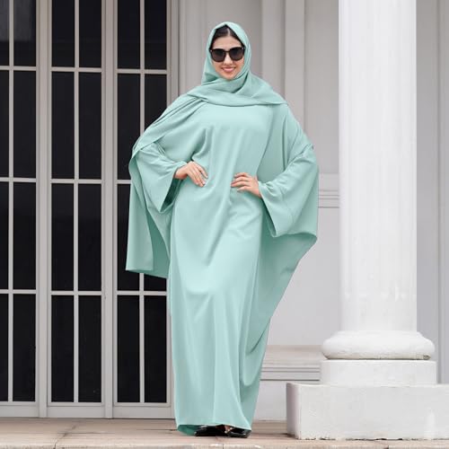 IDOPIP Abayas for Women Muslim Dress with Hijab, One-Piece Long Sleeve Islamic Prayer Dress with Khimar Jilbab Kaftan Clothes - color: Green + Hijab