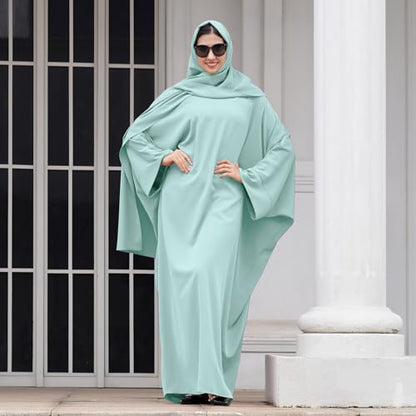 IDOPIP Abayas for Women Muslim Dress with Hijab, One-Piece Long Sleeve Islamic Prayer Dress with Khimar Jilbab Kaftan Clothes - color: Green + Hijab