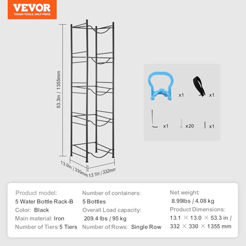 VEVOR 5 Tiers Water Jug Holder, 5 Gallon Water Bottle Holder, Single Row Water Bottle Rack for 5 Bottles, Heavy Duty Water Jug Rack for Kitchen, Office, Living Room, Black - color: Black, style: 5-slot