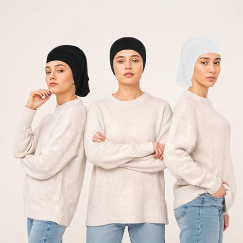 2 Pcs Jersey Hijab Undercap for Women, No Slip Hijab Cap | Soft Stretchy Turban Head Wrap and Neck Cover, Black & White