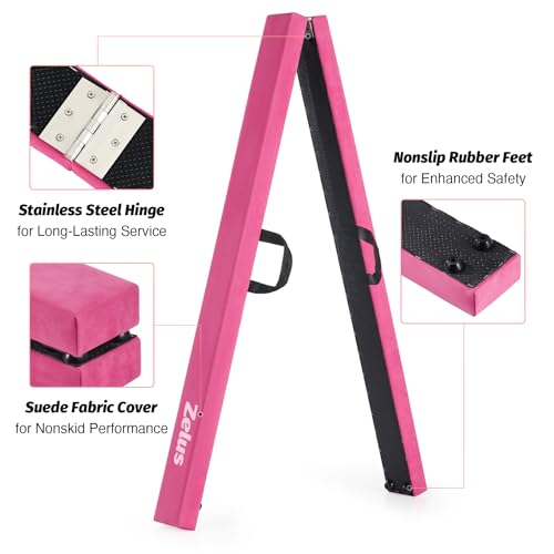 ZELUS 8' Folding Gymnastics Balance Beam, Floor Balance Beam w/Carry Handles Anti-Slip Base for Kids, Beginners & Professional Gymnasts - color: Pink