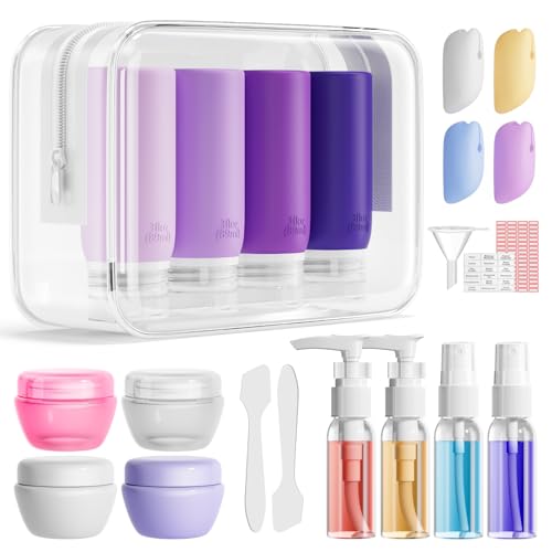 Muslish 21 Pack Travel Bottles for Toiletries, Leak-Proof TSA Compliant Silicone Travel Size Containers for Shampoo and Conditioner, BPA Free with Toiletry Bag (Purple) - color: Purple
