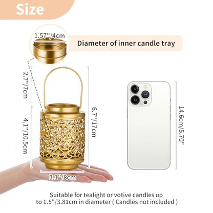 NUPTIO Gold Candle Lanterns Decorative: 6 Pcs Hanging Metal Tealight Candles Holder 4.1inch Brass Mini Tea Light Lantern Centerpiece for Weddings Bridal Shower Anniversary Table Decor (Style 3) - size: Style 3 - 6 Pcs