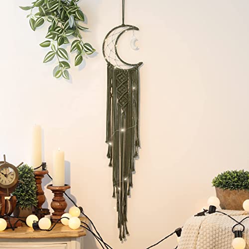 Olive Macrame Moon Dream Catcher with Light, Witchy Boho Decor Wall Hanging - color: Olive Green, size: With Light