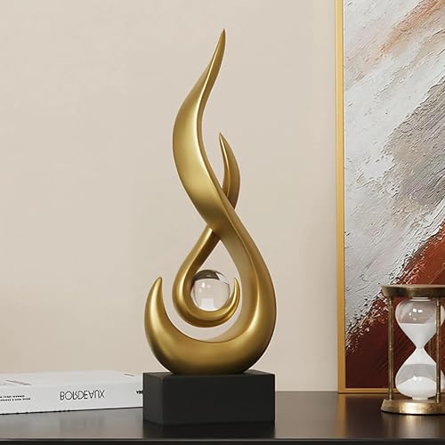 Modern Flame Sculpture Decor Flame Statue with Glass Ball Resin Abstract Art Figurines Centerpiece Sculpture for Home Decor Living Room Stand Coffee Table Office Decor (Small Gold) - color: Small Gold
